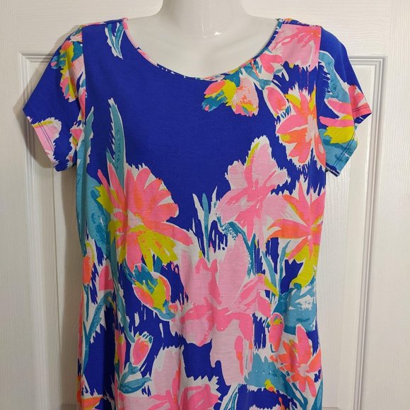 Lilly Pulitzer Blue & Pink Abstract Floral 100% Cotton Short Sleeve Dress - M - Picture 2 of 9